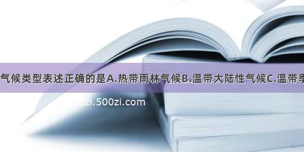 读下图 下列气候类型表述正确的是A.热带雨林气候B.温带大陆性气候C.温带季风气候D.热