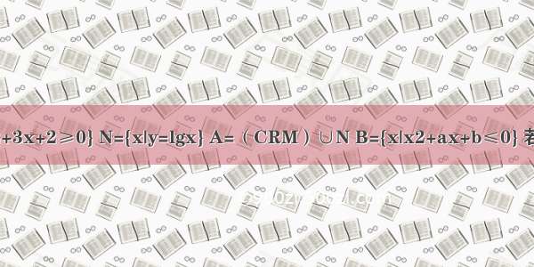 已知全集I=R 集合M={x|x2+3x+2≥0} N={x|y=lgx} A=（CRM）∪N B={x|x2+ax+b≤0} 若A∩B={x|0＜x≤2} A∪B=