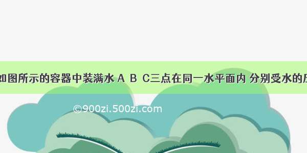 单选题如图所示的容器中装满水 A．B．C三点在同一水平面内 分别受水的压强为p