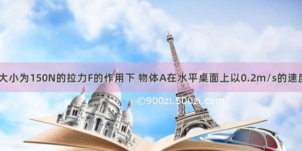 如图所示 在大小为150N的拉力F的作用下 物体A在水平桌面上以0.2m/s的速度向右匀速运