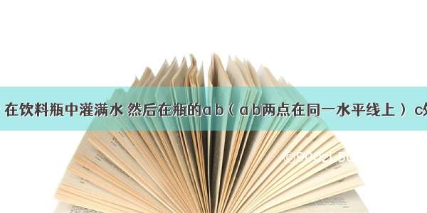 如图所示 在饮料瓶中灌满水 然后在瓶的a b（a b两点在同一水平线上） c处各扎一