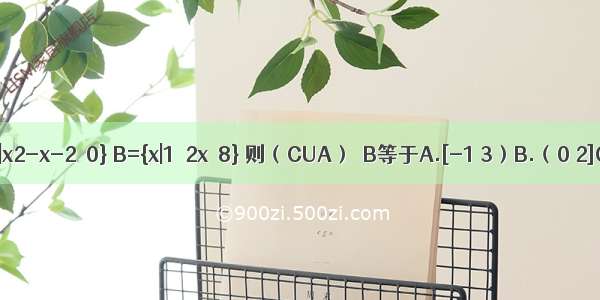 设全集U=R 集合A={x|x2-x-2＞0} B={x|1＜2x＜8} 则（CUA）∩B等于A.[-1 3）B.（0 2]C.（1 2]D.（2 3）