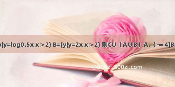 已知全集U=R 集合A={y|y=log0.5x x＞2} B={y|y=2x x＞2} 则CU（A∪B）A.（-∞ 4]B.[-1 4]C.（-1 4）D.[1 +