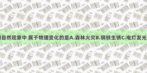 单选题下列自然现象中 属于物理变化的是A.森林火灾B.钢铁生锈C.电灯发光D.粮食酿酒